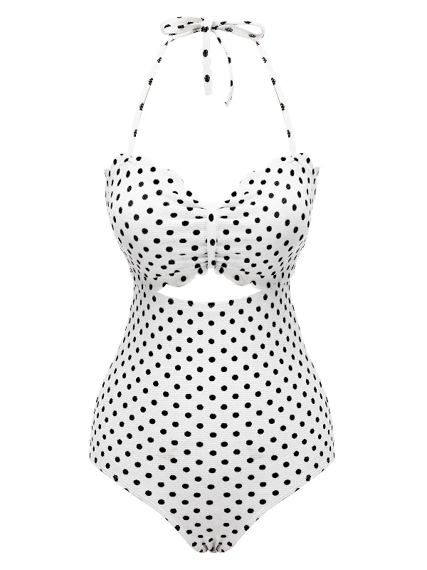 Convertible bikini that can be worn in multiple styles for versatilityWhite 1940s Polka Dot Lace Up Halter Swimsuit