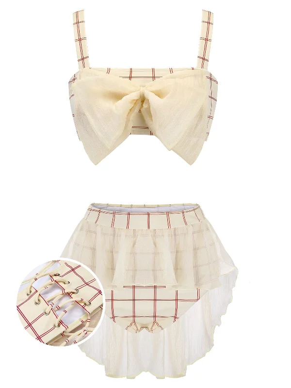 Long - line bikini top for added support and a fashionable look1950s Bowknot Plaid Mesh Patchwork Swimsuit