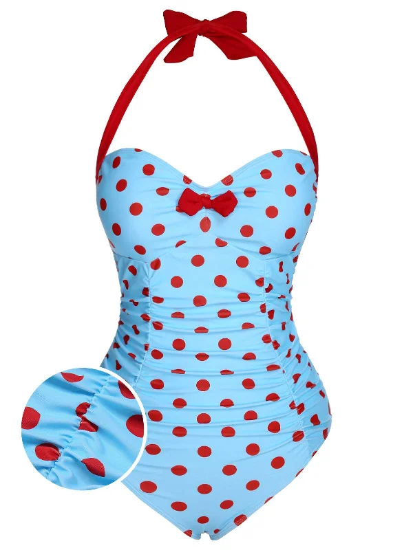 Lace - trimmed bikini for an elegant and romantic touch1940s Halter Contrast Polka Dots One-Piece Swimsuit