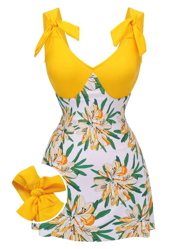 Metallic - finish bikini for a glamorous and eye - catching poolside lookYellow 1940s Floral Patchwork One-Piece Swimsuit