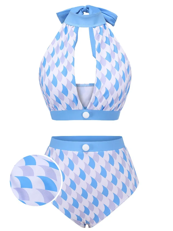 UV - protection bikini for safe sun exposure during beach daysBlue 1940s Hole Collar Halter Swimsuit