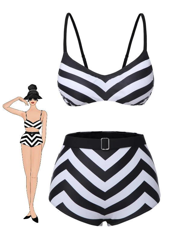 Metallic - finish bikini for a glamorous and eye - catching poolside lookBlack 1950s Striped Spaghetti Strap Swimsuit