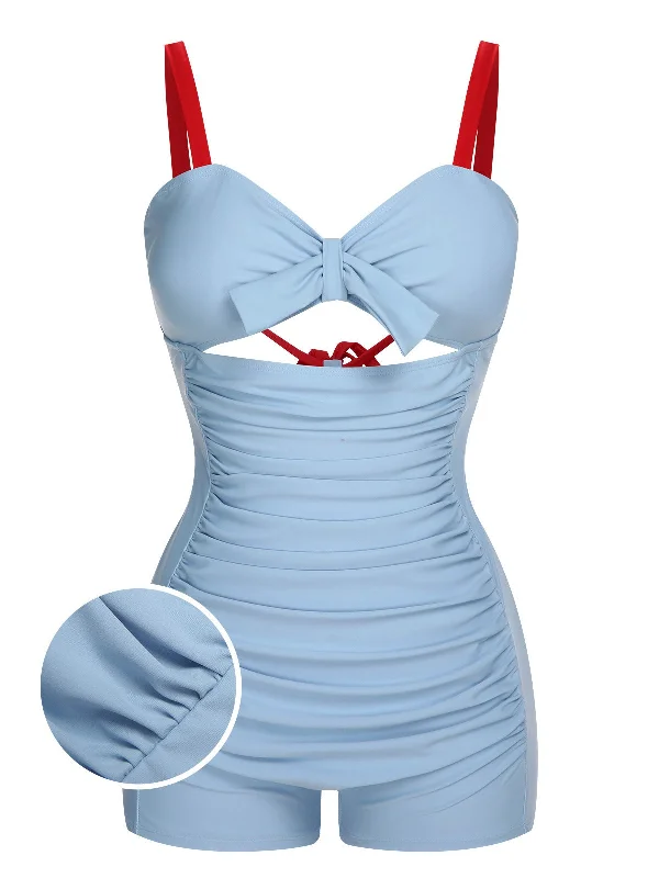 Long - line bikini top for added support and a fashionable lookBlue 1930s Folds Back Strap One-Piece Swimsuit