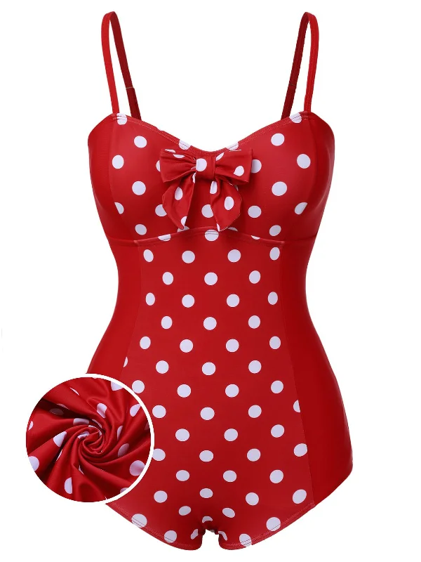 Long - line bikini top for added support and a fashionable lookRed 1950s Polka Dot Patchwork Strap Swimsuit