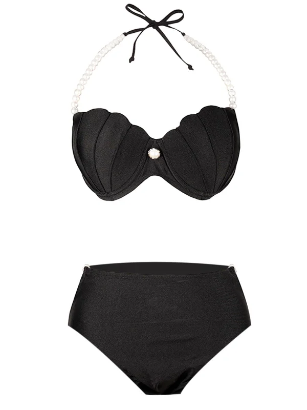 High - waisted bikini for a retro and tummy - flattering lookBlack 1960s Shell Pearl Halter Bikini Set