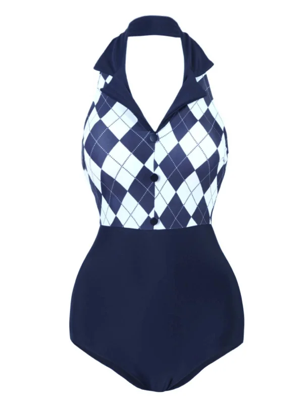 Ruched bikini with fabric gathers for a slimming effectNavy Blue 1930s Halter Plaid One-Piece Swimsuit