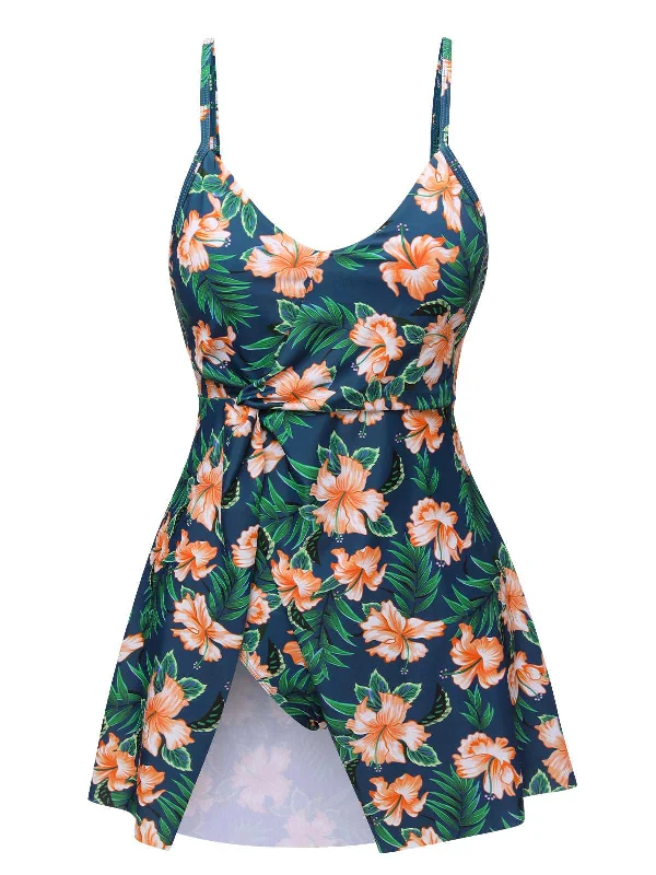 Maternity bikini for expecting mothers to enjoy the beach comfortablyGreen 1950s Spaghetti Strap Floral Swimsuit