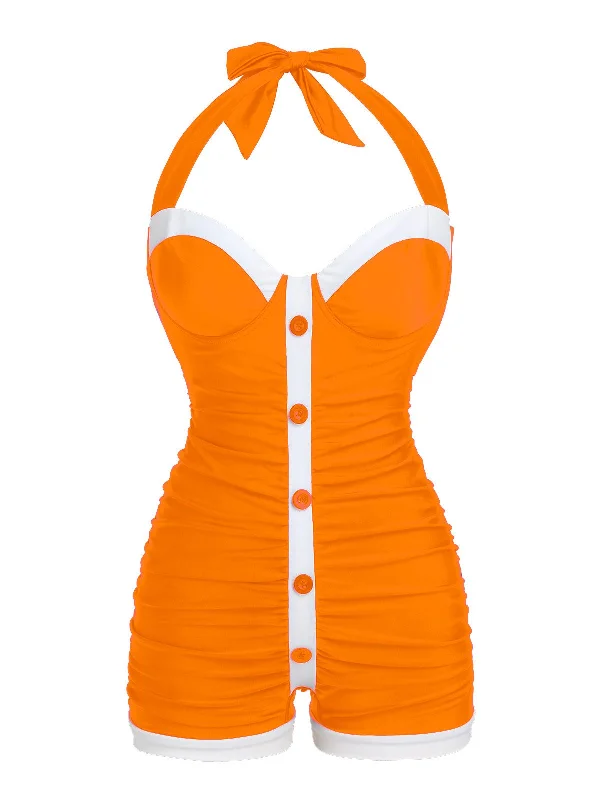 Long - line bikini top for added support and a fashionable lookOrange 1950s Pleated Halter Swimsuit