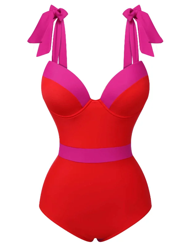 Tie - side bikini bottoms for an adjustable and stylish fitRed 1950s Colorblock Shoulder Tie-Up Swimsuit