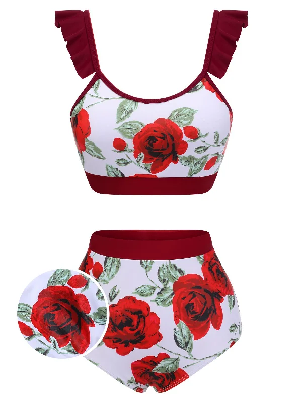 Lace - trimmed bikini for an elegant and romantic touchRed 1940s Floral Ruffles Swimsuit