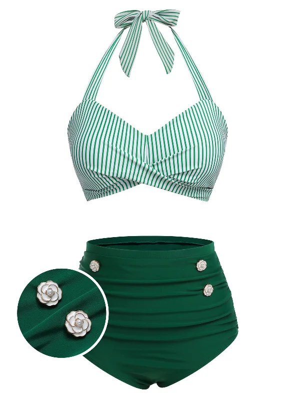 Push - up bikini top to enhance the bust for a confident beach appearance[Plus Size] Green 1940s Striped Halter Swimsuit