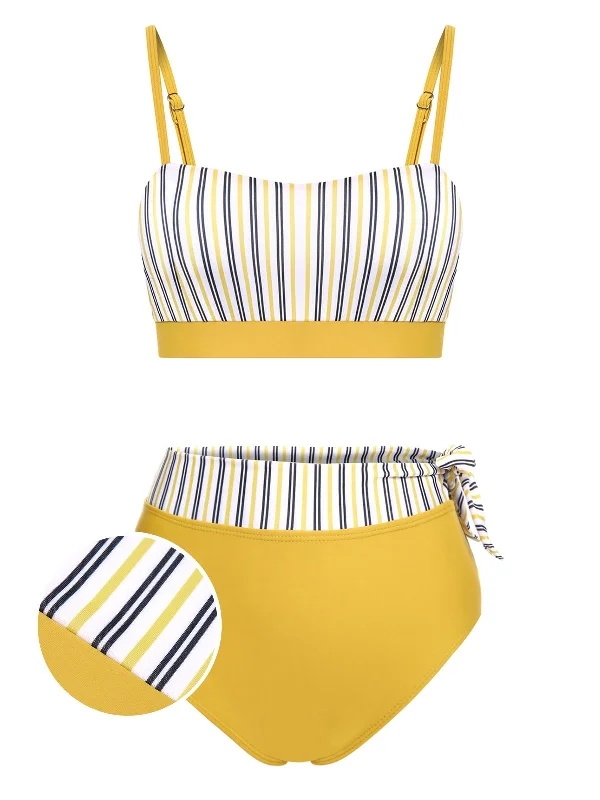 UV - protection bikini for safe sun exposure during beach days2PCS Yellow 1940s Striped Patchwork Swimsuit