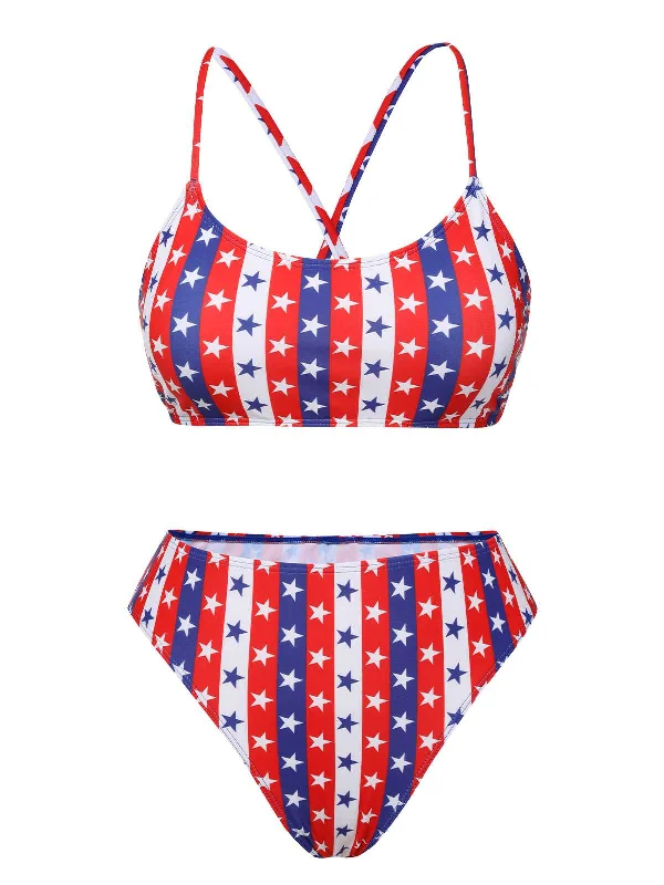 Floral - printed bikini for a feminine and colorful beach vibe1960s Spaghetti Strap Independence Day Swimsuit