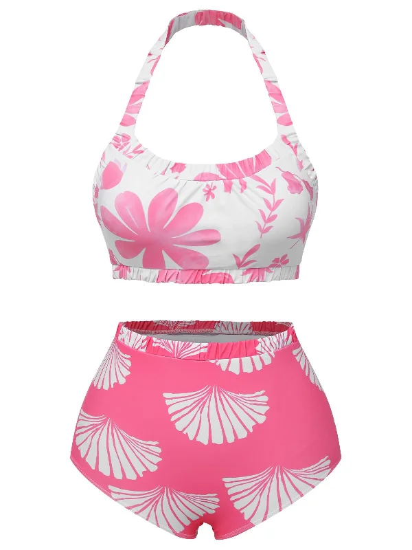 High - performance bikini with quick - drying fabric for active swimmersPink 1930s Floral Elastic Gathers Halter Swimsuit