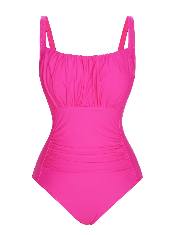 Convertible bikini that can be worn in multiple styles for versatilityPink 1940s Solid Wrinkle Strap Swimsuit