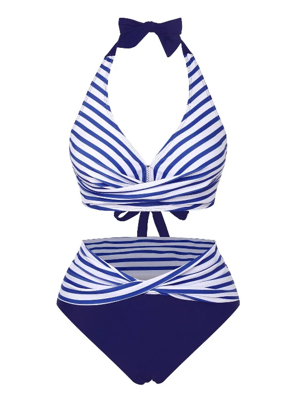 UV - protection bikini for safe sun exposure during beach daysBlue 1940s Striped Contrast Knit Halter Swimsuit