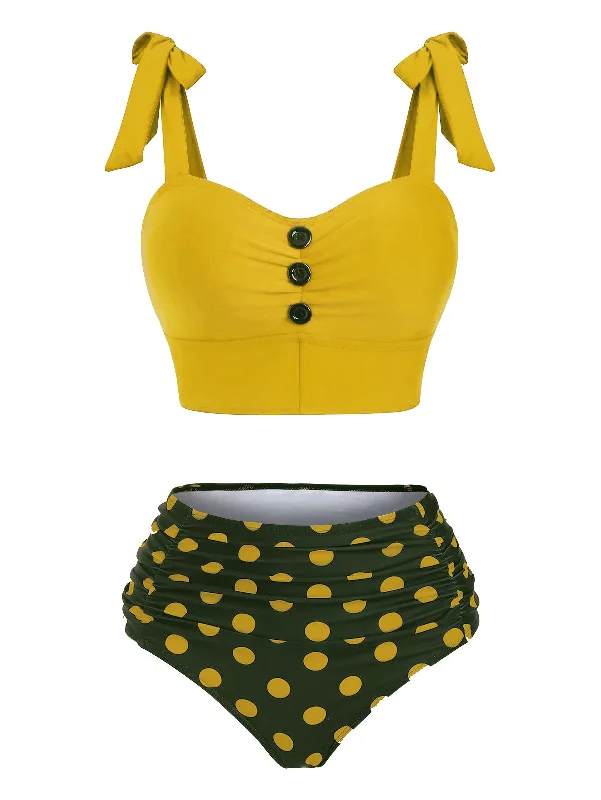 Push - up bikini top to enhance the bust for a confident beach appearance1950s Bowknot Spaghetti Strap Button Bikini