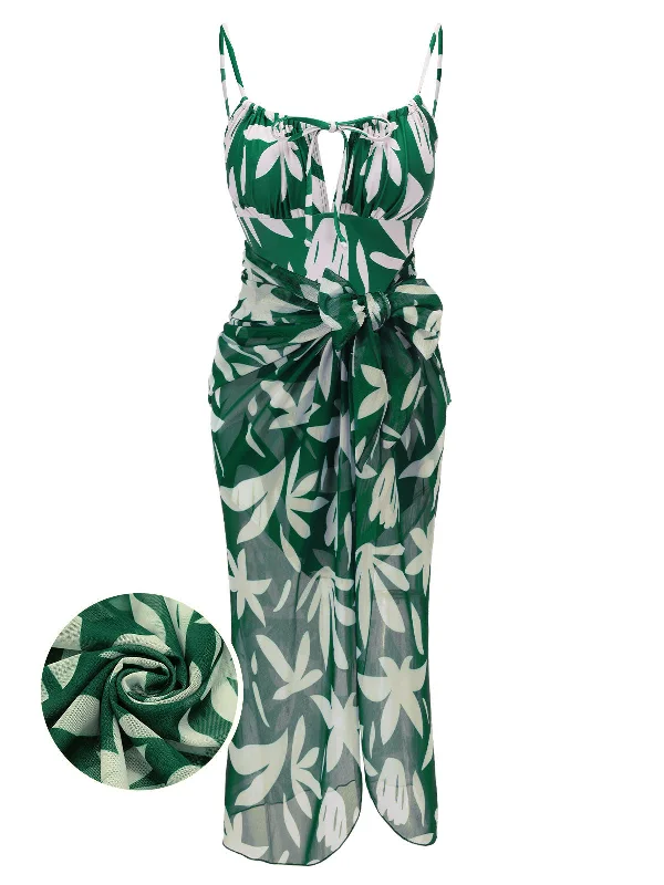 Striped bikini with a classic pattern for a timeless beach aesthetic1960s Green Leaf Sleeveless Camisole Strap Swimsuit