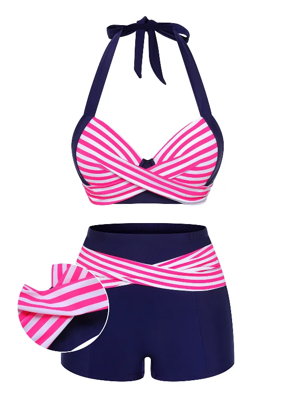 Striped bikini with a classic pattern for a timeless beach aestheticPink & Blue 1950s Striped Halter Swimsuit