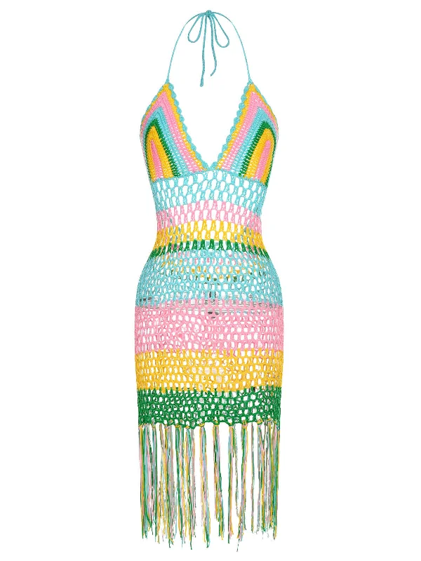 Metallic - finish bikini for a glamorous and eye - catching poolside look1960s Handmade Crochet Tassel Halter Cover-Up