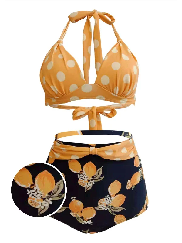 Long - line bikini top for added support and a fashionable lookLemon Polka Dot Halter Bikini