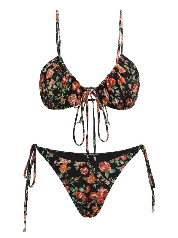 Push - up bikini top to enhance the bust for a confident beach appearance1950s Floral Lace-Up Spaghetti Strap Bikini Set