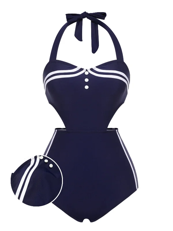 Monokini - style bikini with a unique one - piece - meets - bikini designNavy Blue 1930s Halter One-piece Swimsuit