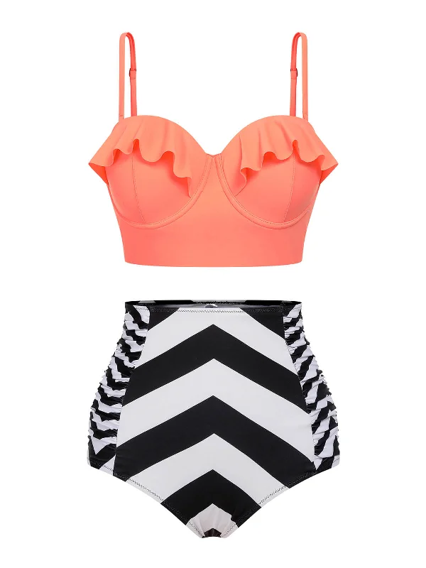 Plus - size bikini with full - coverage options for comfort and confidenceOrange 1940s Stripe Ruffles Strap Swimsuit