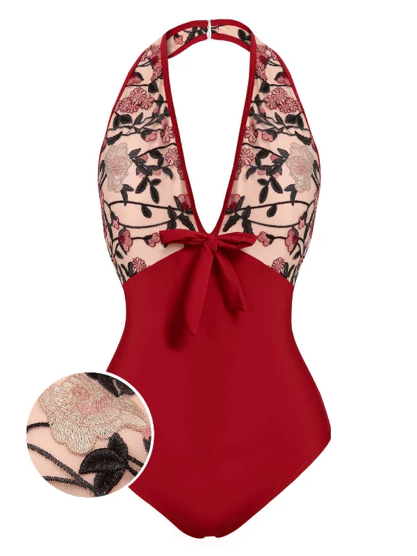 Sustainable bikini made from recycled materials for eco - conscious beachgoersWine Red 1950s Floral Backless Swimsuit