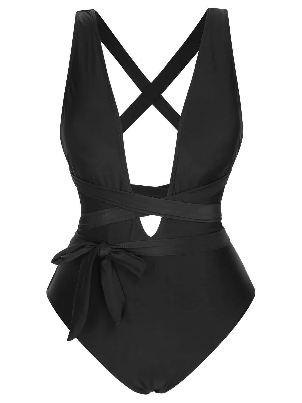 Metallic - finish bikini for a glamorous and eye - catching poolside lookBlack 1960s Solid Deep V-Neck Bandage Swimsuit