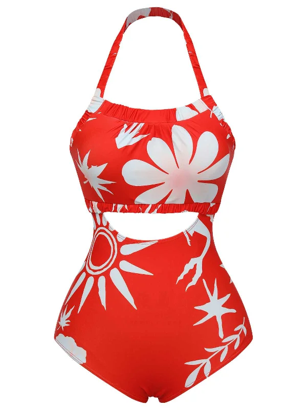 Plus - size bikini with full - coverage options for comfort and confidenceRed 1930s Halter Floral One-Piece Swimsuit