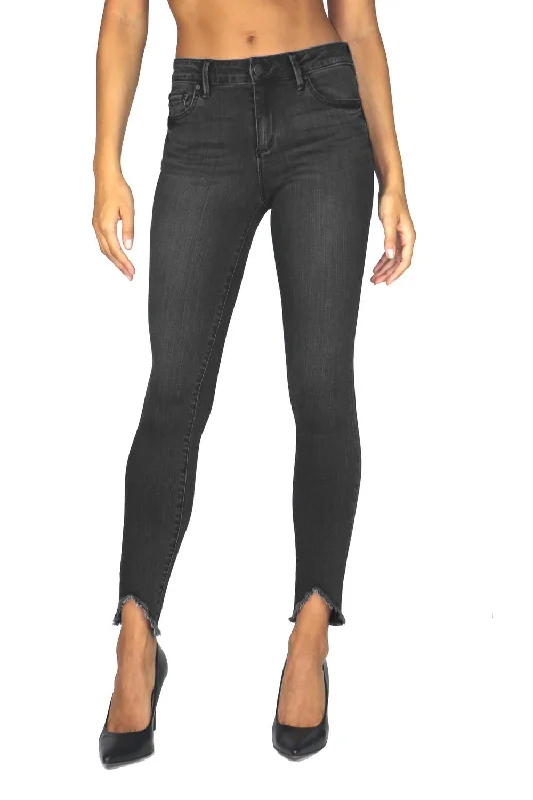 High Rise V Destructive Hem Skinny Jeans In Black