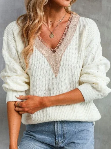 Plus - Size Women Sweater with a Flattering FitAllegra Crotchet Sleeve V Neck Sweater