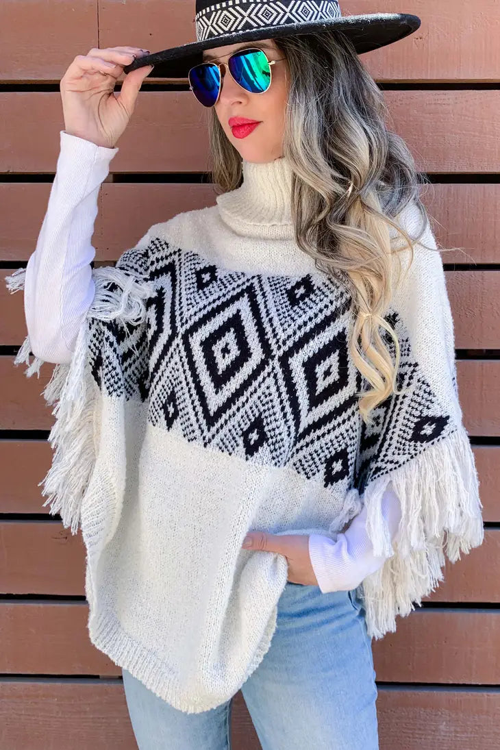 Striped Women Sweater with a Timeless PatternIvory Aztec Printed Poncho