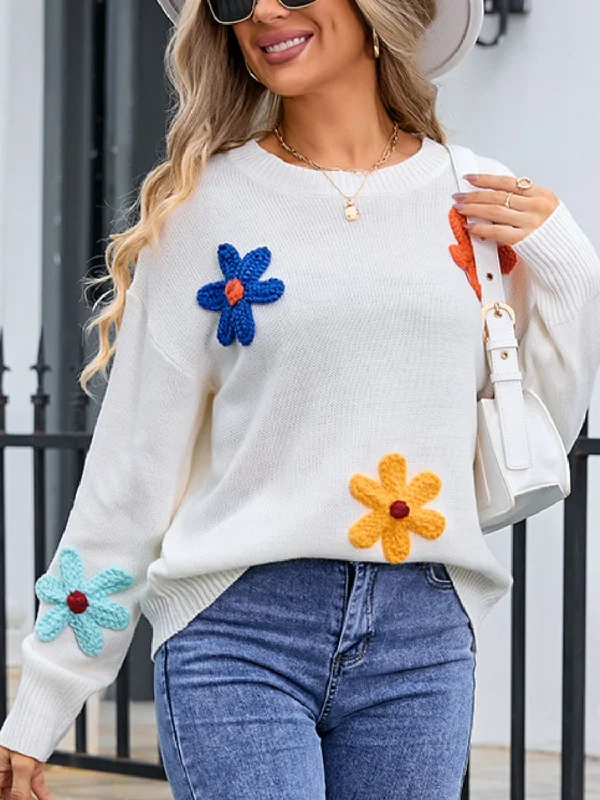 Turtleneck Women Sweater for a Classic and Elegant StyleCrochet Flower Round Neck Sweater