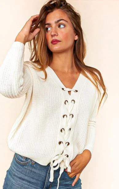 Cable - Knit Women Sweater with Intricate PatternsEyelet Lace Up V Neck Long Sleeve