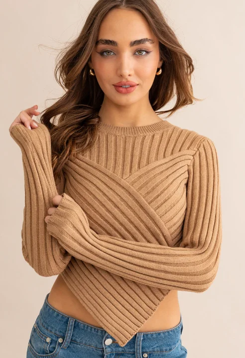 Turtleneck Women Sweater for a Classic and Elegant StyleAsymmetrical Tan Sweater by Lelis with Scarf Hem