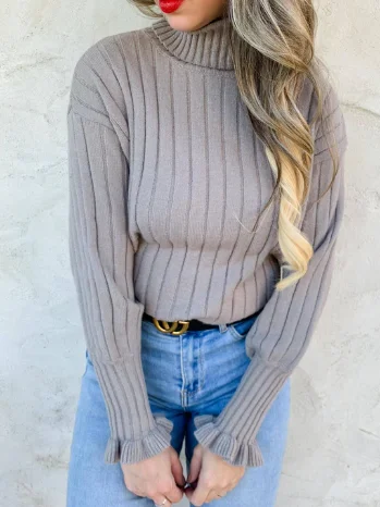 Plus - Size Women Sweater with a Flattering FitMaise Grey Turtleneck with Ruffle Sleeve