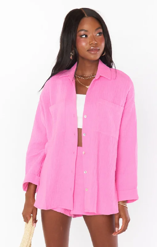 Mock - Neck Women Sweater for a Modern TwistWeekday Button Up ~ Bubblegum Gauze