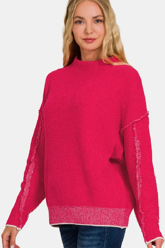 Mock - Neck Women Sweater for a Modern TwistZenana Exposed Seam Mock Neck Long Sleeve Sweater