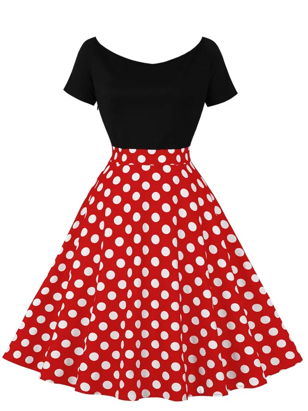 Ball Gown Women Dress with a Full Skirt for a Princess - like Look1950s Polka Dot Patchwork Short Sleeves Dress