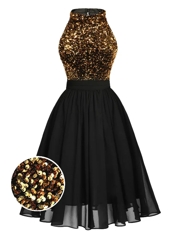 Mermaid - Style Women Dress with a Fitted Silhouette for Special OccasionsMermaid - Style Women Dress with a Fitted Silhouette for Special OccasionsBlack 1950s Gold Glitter Patchwork Dress