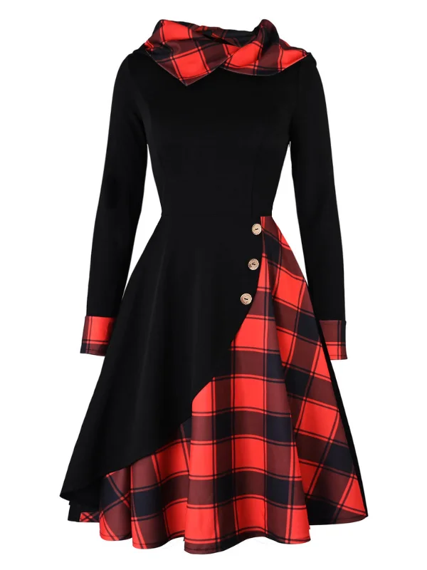 Ruffled Women Dress with Multiple Layers for a Playful and Girly StyleRuffled Women Dress with Multiple Layers for a Playful and Girly StyleBlack 1950s Plaid Hooded Button Dress