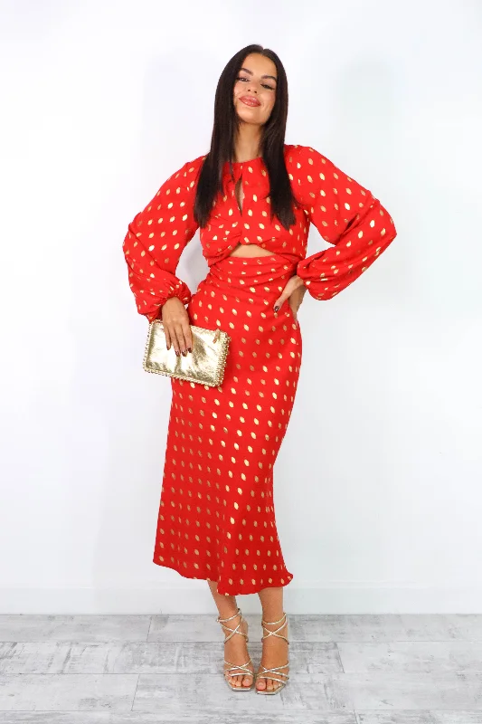 Mini Women Dress with a Short Hem for a Young and Trendy StyleMini Women Dress with a Short Hem for a Young and Trendy StyleCut Them Out - Red Gold Foil Spot Cut Out Maxi Dress