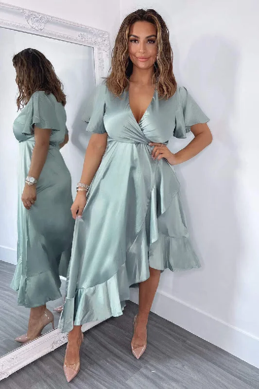 Off - the - Shoulder Women Dress for a Romantic and Feminine LookOff - the - Shoulder Women Dress for a Romantic and Feminine LookDuck Egg Satin Frill Hem Short Sleeve Midi Dress