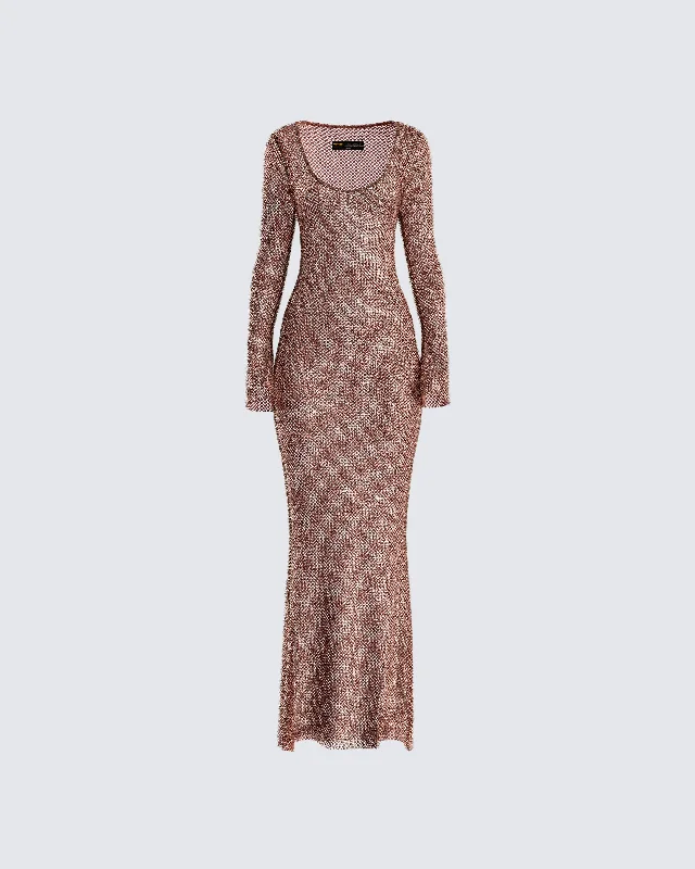 Plus Size Women Dress with a Flattering A - Line Cut for Comfort and StyleEwa Brown Rhinestone Maxi Dress