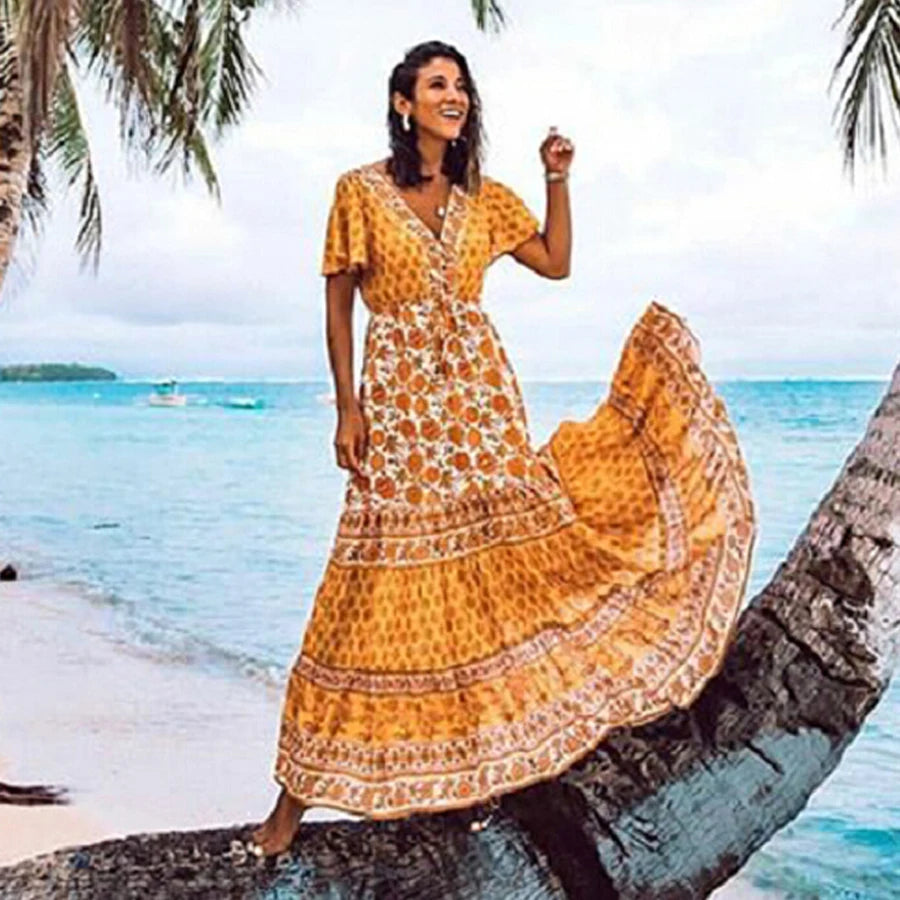 Long - Sleeve Women Dress in Velvet for a Luxurious Winter LookFashionSierra-2024  Rayon Yellow Floral Print  V-neck  Beach Wear  Summer  Gypsy  Long  Women  Maxi  Vestidos  Boho Dress