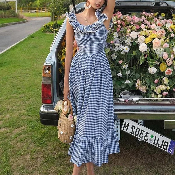 Pleated Women Dress with a Timeless and Elegant TextureFashionSierra-Butterfly Sleeve Blue Plaid For Women Vintage Cotton Rayon Summer Long Party Ladies Vestidos 2024 Boho Dress