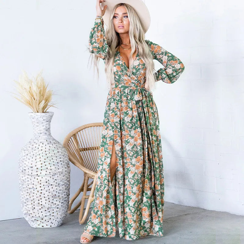 Ruffled Women Dress with Multiple Layers for a Playful and Girly StyleFashionSierra-Casual  Deep V  Long Sleeve  Women  Vintage  Floral Print  Ruffles  Long  Autumn  2024  High Waist  Loose  Vestidos  Boho Dress