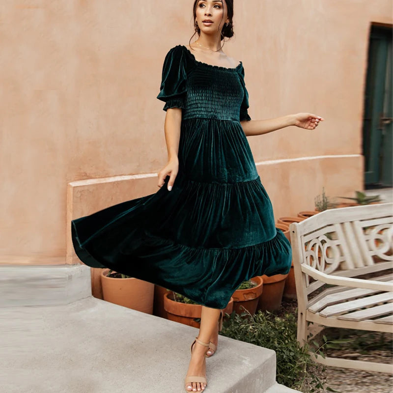 Mermaid - Style Women Dress with a Fitted Silhouette for Special OccasionsFashionSierra-Elegant  Party  Velvet  Long  Women  Casual  Square Collar  Solid  Shirred Bust  Puff Sleeve  Ladies  Vestidos  Boho Dress